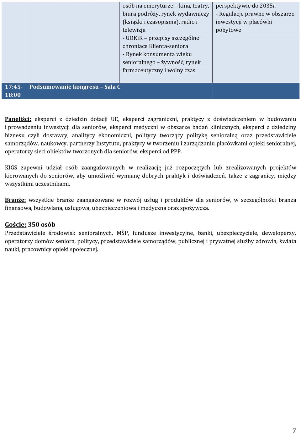 - Regulacje prawne w obszarze inwestycji w placówki pobytowe 17:45-18:00 Podsumowanie kongresu Sala C Paneliści: eksperci z dziedzin dotacji UE, eksperci zagraniczni, praktycy z doświadczeniem w