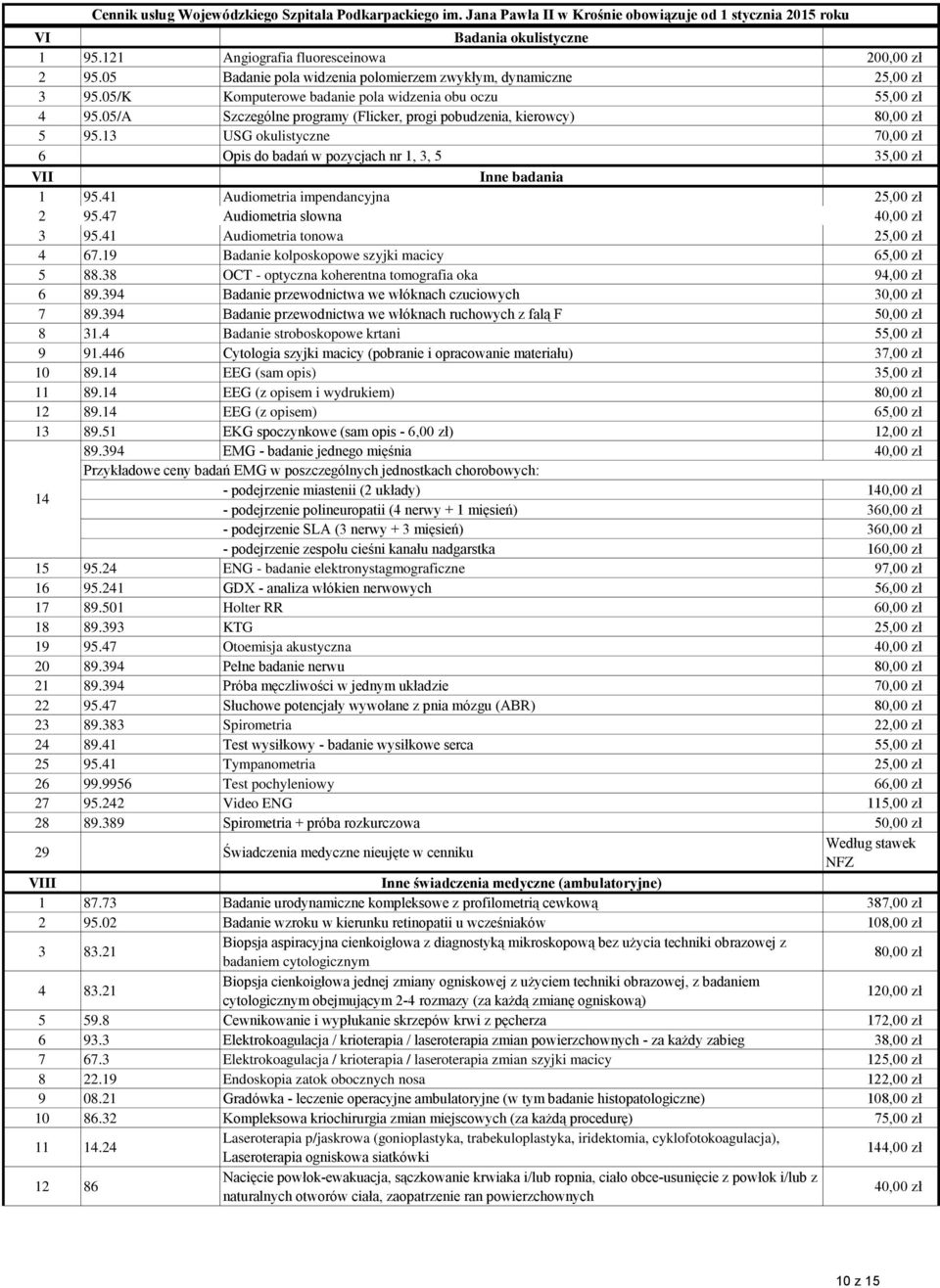 13 USG okulistyczne 70,00 zł 6 Opis do badań w pozycjach nr 1, 3, 5 35,00 zł VII Inne badania 1 95.41 Audiometria impendancyjna 25,00 zł 2 95.47 Audiometria słowna 40,00 zł 3 95.