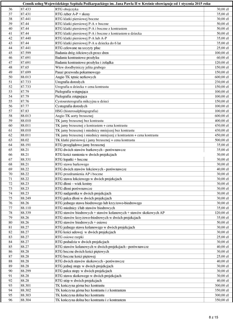 44 RTG klatki piersiowej P-A u dziecka do 6 lat 35,00 zł 44 87.441 RTG celowane na szczyty płuc 25,00 zł 45 87.599 Badania dróg żółciowych przez dren 100,00 zł 46 87.