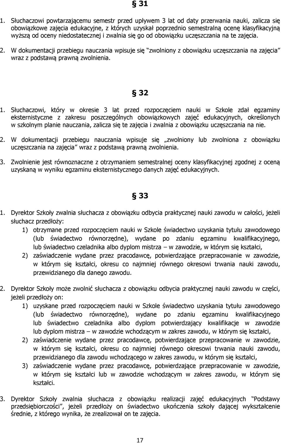 W dokumentacji przebiegu nauczania wpisuje się zwolniony z obowiązku uczęszczania na zajęcia wraz z podstawą prawną zwolnienia. 32 1.