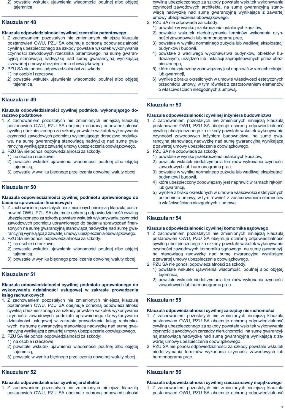 PZU SA nie odpowiada za szkody: 1) powstałe w wyniku przekroczenia ustalonych kosztów, Klauzula odpowiedzialności cywilnej rzecznika patentowego 2) powstałe wskutek niedotrzymania terminów wykonania