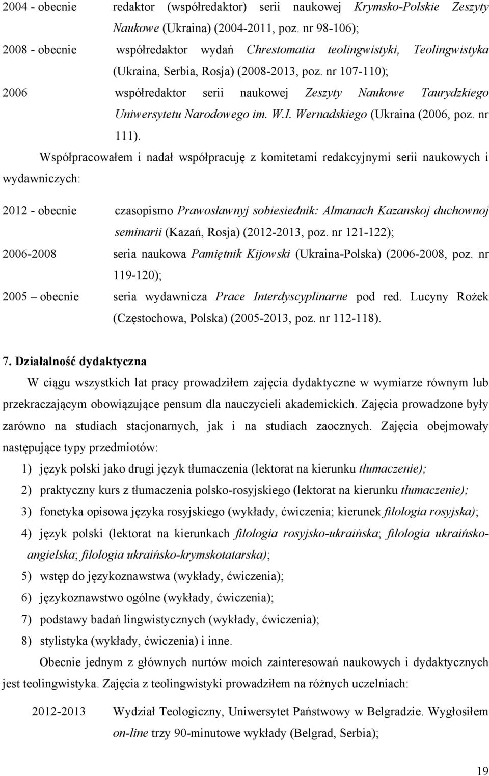 nr 107-110); 2006 współredaktor serii naukowej Zeszyty Naukowe Taurydzkiego Uniwersytetu Narodowego im. W.I. Wernadskiego (Ukraina (2006, poz. nr 111).