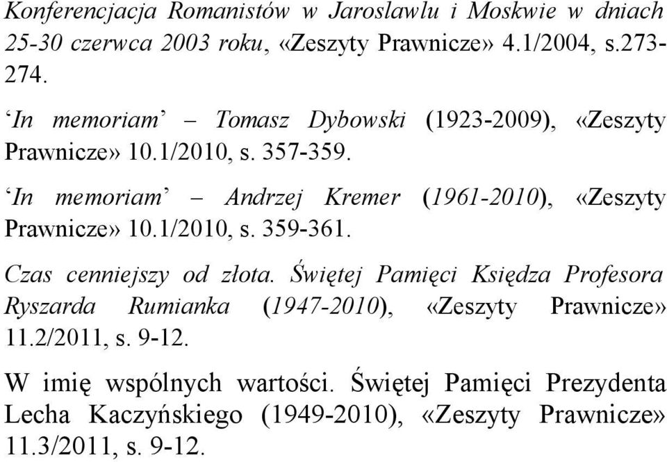 In memoriam Andrzej Kremer (1961-2010), «Zeszyty Prawnicze» 10.1/2010, s. 359-361. Czas cenniejszy od złota.