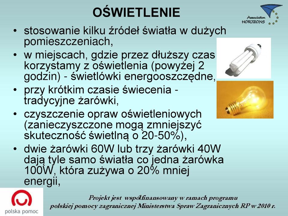 tradycyjne żarówki, czyszczenie opraw oświetleniowych (zanieczyszczone mogą zmniejszyć skuteczność świetlną o