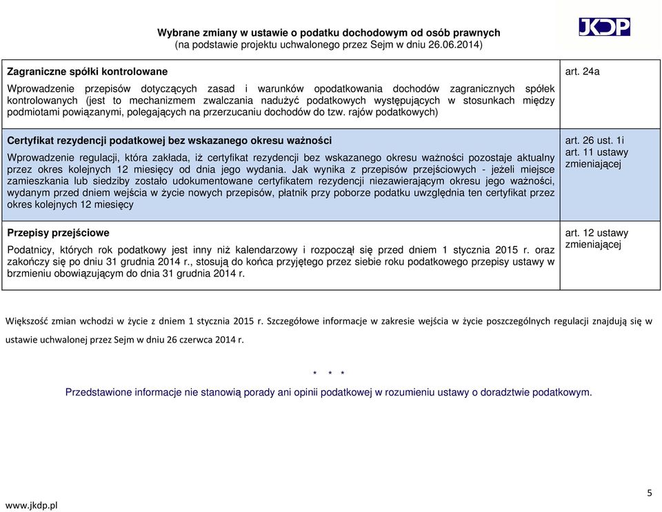 rajów podatkowych) Certyfikat rezydencji podatkowej bez wskazanego okresu ważności Wprowadzenie regulacji, która zakłada, iż certyfikat rezydencji bez wskazanego okresu ważności pozostaje aktualny