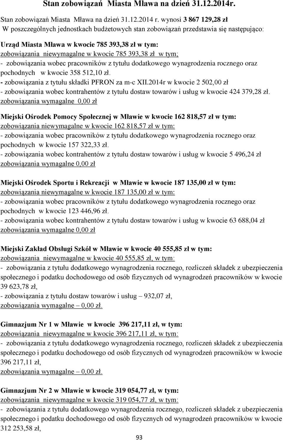 393,38 zł w tym; - zobowiązania wobec pracowników z tytułu dodatkowego wynagrodzenia rocznego oraz pochodnych w kwocie 358 512,10 zł. - zobowiązania z tytułu składki PFRON za m-c XII.