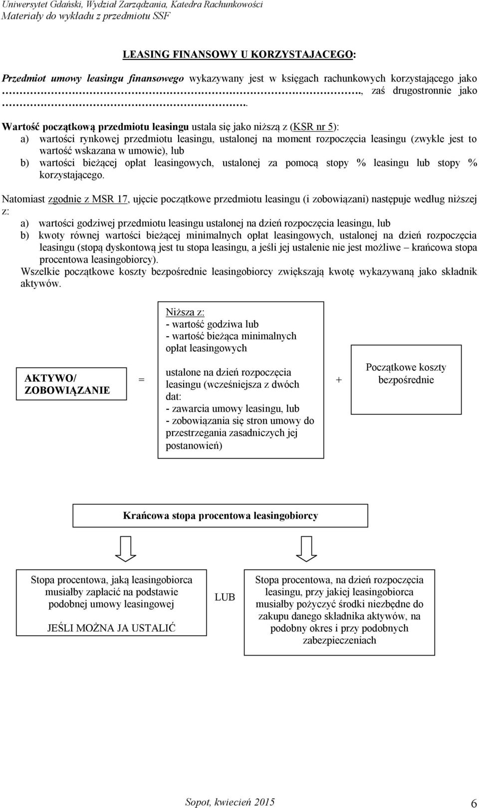 umowie), lub b) wartości bieżącej opłat leasingowych, ustalonej za pomocą stopy % leasingu lub stopy % korzystającego.