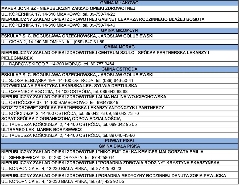 BOGUSŁAWA ORZECHOWSKA, JAROSŁAW GOLUBIEWSKI UL. CICHA 2, 14-140 MIŁOMŁYN, tel.