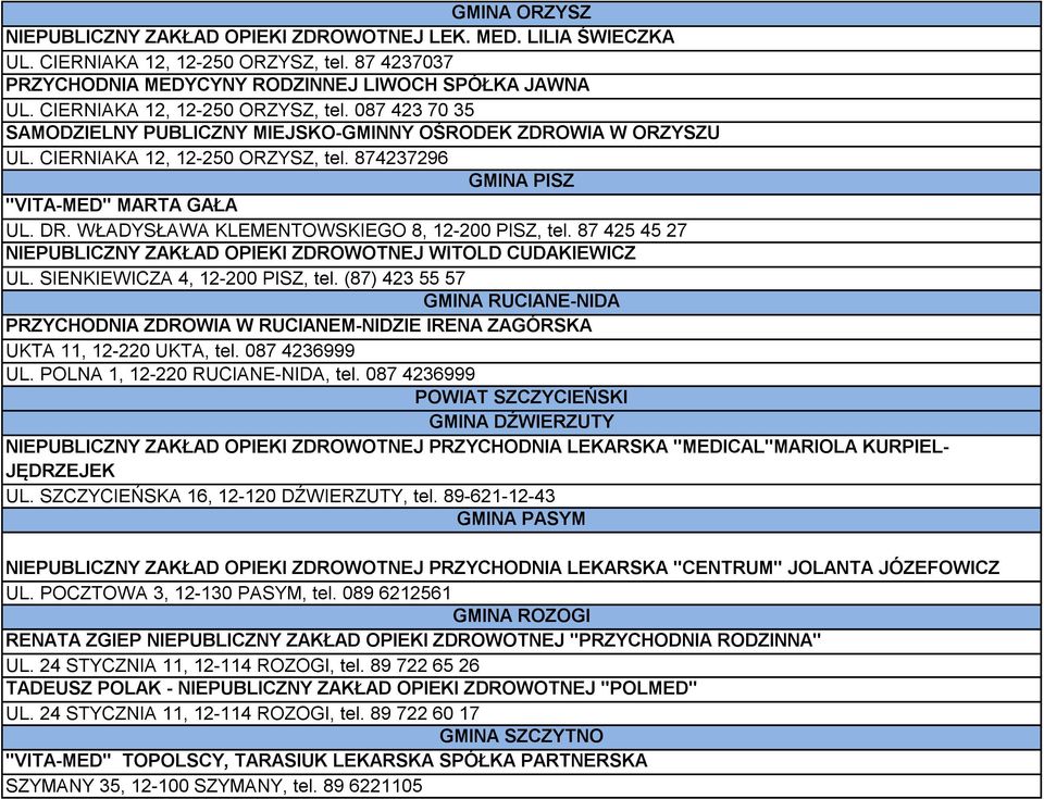 WŁADYSŁAWA KLEMENTOWSKIEGO 8, 12-200 PISZ, tel. 87 425 45 27 NIEPUBLICZNY ZAKŁAD OPIEKI ZDROWOTNEJ WITOLD CUDAKIEWICZ UL. SIENKIEWICZA 4, 12-200 PISZ, tel.