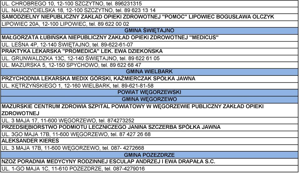 89 622 00 02 GMINA ŚWIĘTAJNO MAŁGORZATA ŁUBIŃSKA NIEPUBLICZNY ZAKŁAD OPIEKI ZDROWOTNEJ "MEDICUS" UL. LEŚNA 4P, 12-140 ŚWIĘTAJNO, tel. 89-622-61-07 PRAKTYKA LEKARSKA "PROMEDICA" LEK. EWA DZIEKOŃSKA UL.