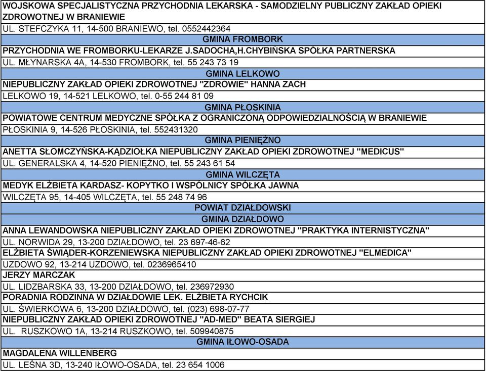 55 243 73 19 GMINA LELKOWO NIEPUBLICZNY ZAKŁAD OPIEKI ZDROWOTNEJ "ZDROWIE" HANNA ZACH LELKOWO 19, 14-521 LELKOWO, tel.