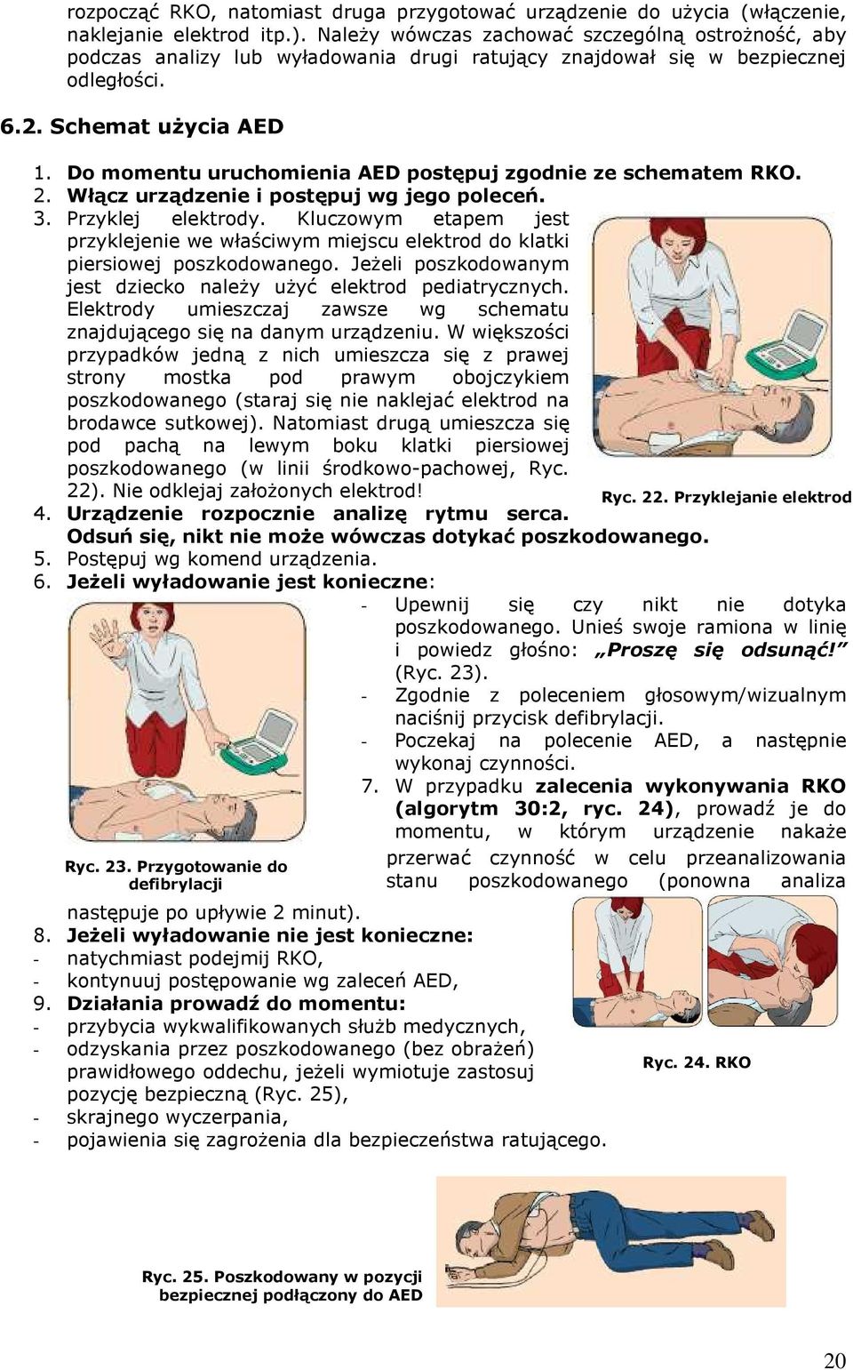 Do momentu uruchomienia AED postępuj zgodnie ze schematem RKO. 2. Włącz urządzenie i postępuj wg jego poleceń. 3. Przyklej elektrody.