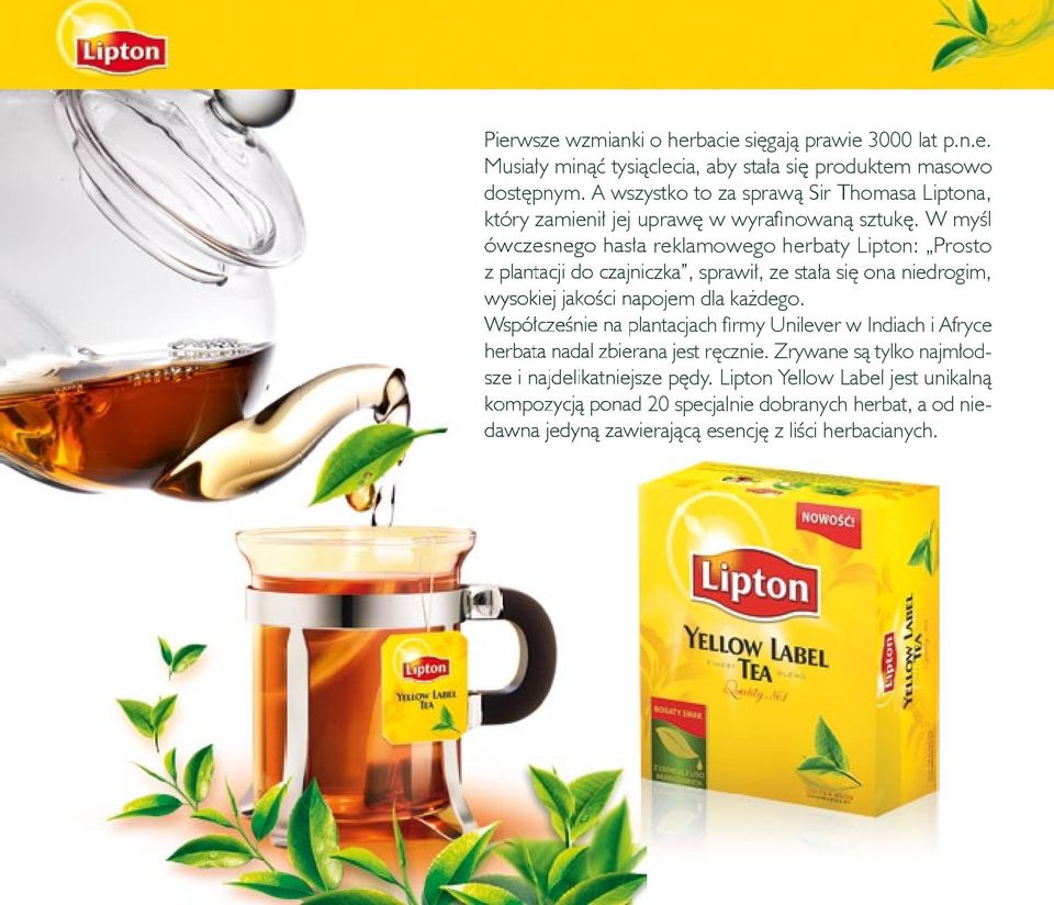 W myśl ówczesnego hasła reklamowego herbaty Lipton: Prosto z plantacji do czajniczka, sprawił, ze stała się ona niedrogim, wysokiej jakości napojem dla każdego.