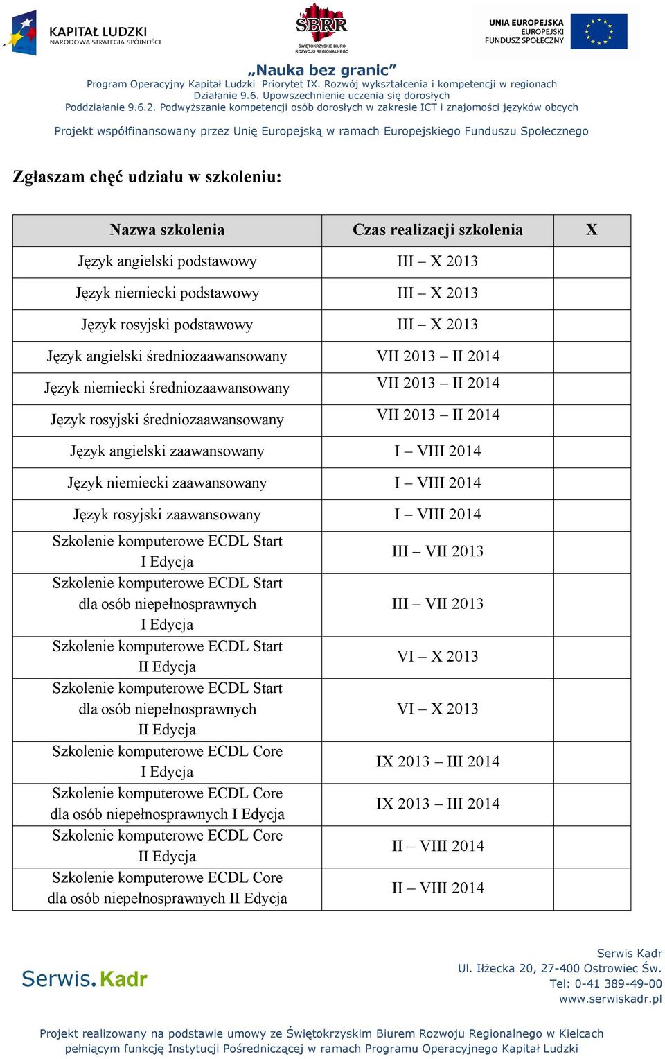 niemiecki zaawansowany I VIII 2014 Język rosyjski zaawansowany I VIII 2014 Szkolenie komputerowe ECDL Start I Edycja Szkolenie komputerowe ECDL Start dla osób niepełnosprawnych I Edycja Szkolenie