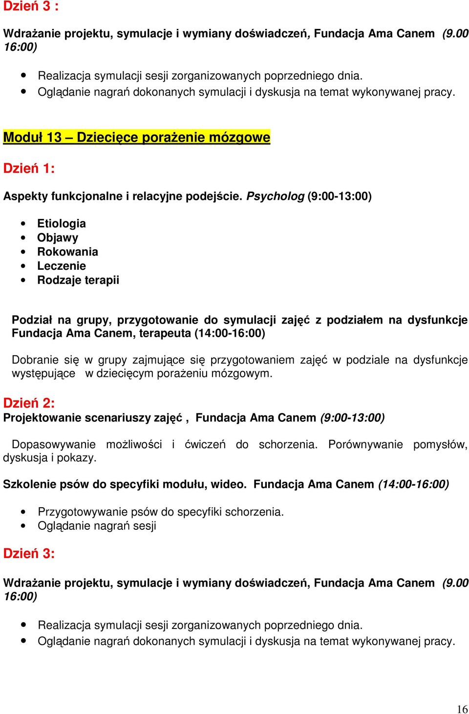 Psycholog (9:00-13:00) Etiologia Objawy Rokowania Leczenie Rodzaje terapii Podział na grupy, przygotowanie do symulacji zajęć z podziałem na dysfunkcje Fundacja Ama Canem, terapeuta (14:00-16:00)