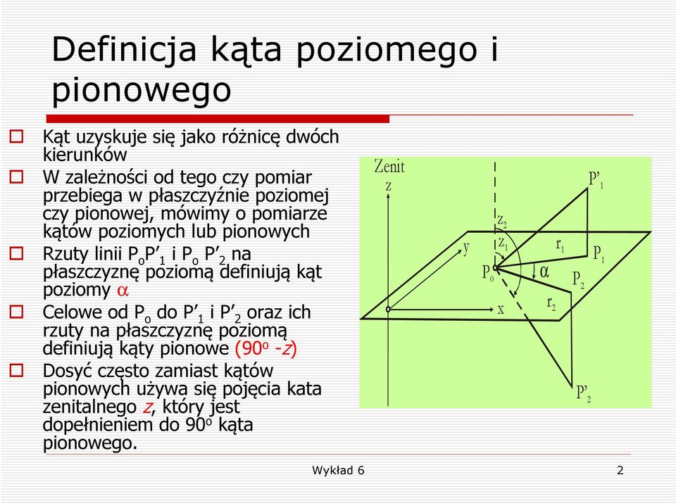 poziomy α Celowe od P o do P 1 i P 2 oraz ich rzuty na płaszczyznę poziomą definiują kąty pionowe (90 o -z) Dosyć często zamiast kątów