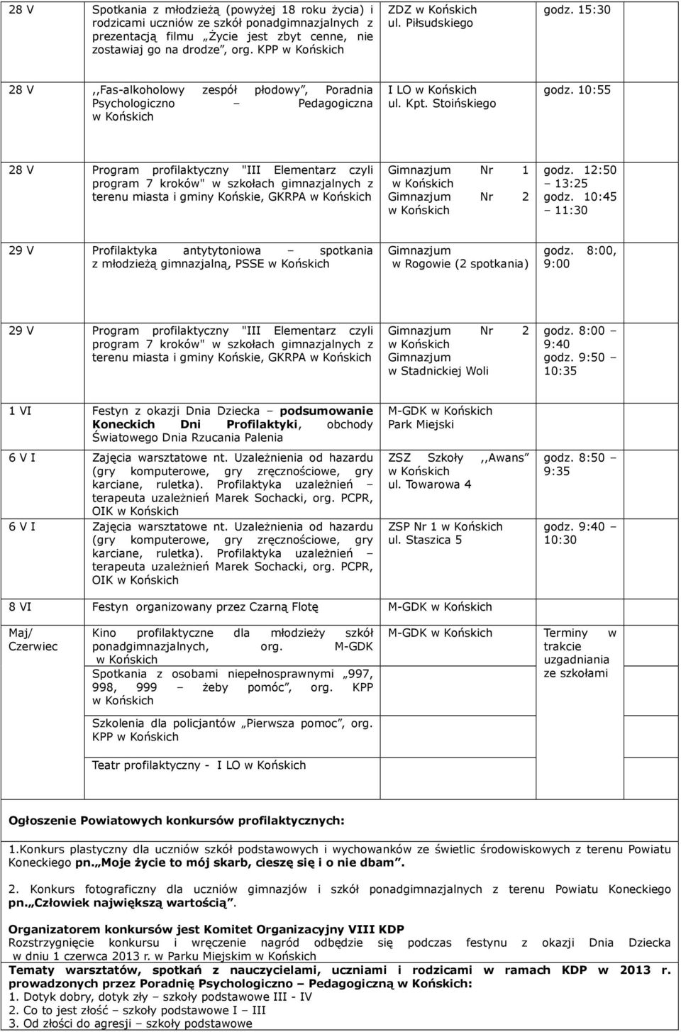 10:55 28 V Program profilaktyczny "III Elementarz czyli terenu miasta i gminy Końskie, GKRPA Nr 1 Nr 2 godz.