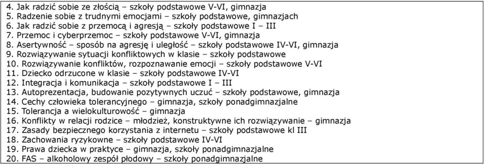 Rozwiązywanie sytuacji konfliktowych w klasie szkoły podstawowe 10. Rozwiązywanie konfliktów, rozpoznawanie emocji szkoły podstawowe V-VI 11. Dziecko odrzucone w klasie szkoły podstawowe IV-VI 12.