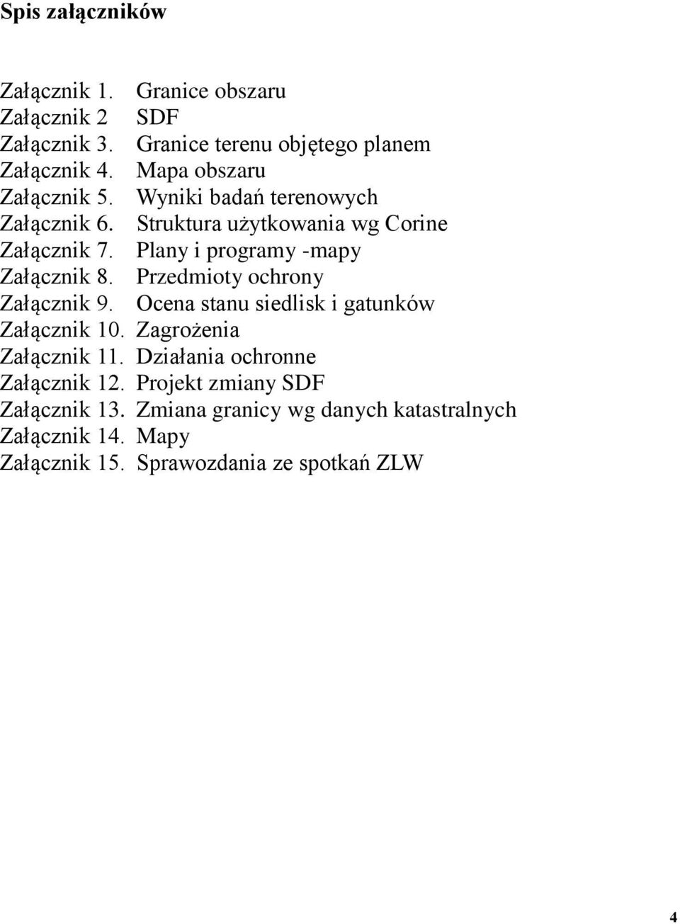 Plany i programy -mapy Załącznik 8. Przedmioty Załącznik 9. siedlisk i gatunków Załącznik 10. Zagrożenia Załącznik 11.