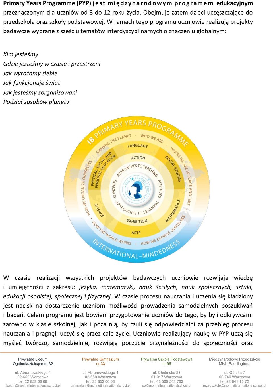 W ramach tego programu uczniowie realizują projekty badawcze wybrane z sześciu tematów interdyscyplinarnych o znaczeniu globalnym: Kim jesteśmy Gdzie jesteśmy w czasie i przestrzeni Jak wyrażamy