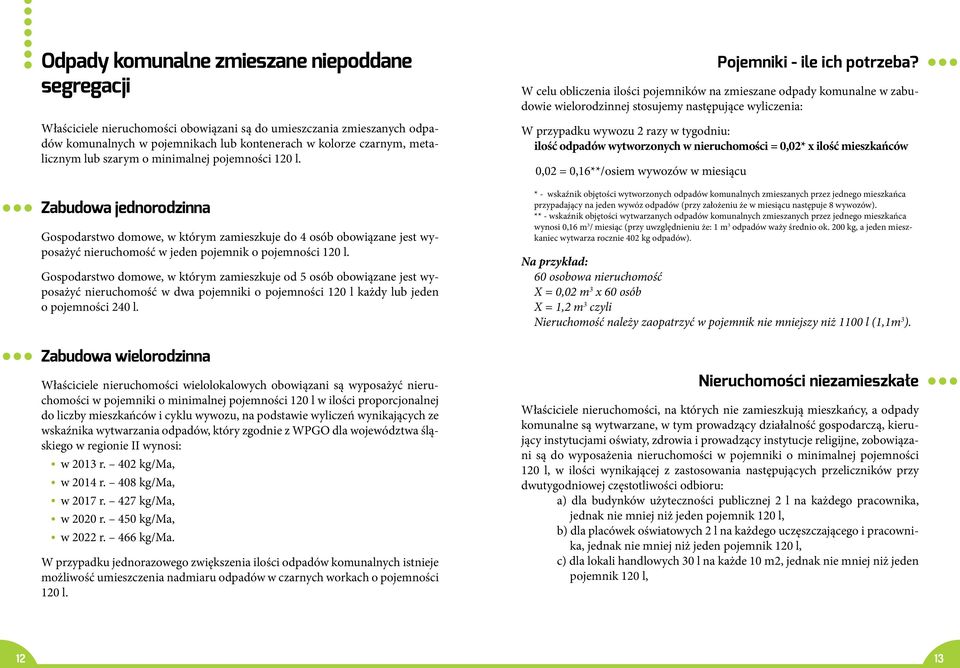 Gospodarstwo domowe, w którym zamieszkuje od 5 osób obowiązane jest wyposażyć nieruchomość w dwa pojemniki o pojemności 120 l każdy lub jeden o pojemności 240 l.