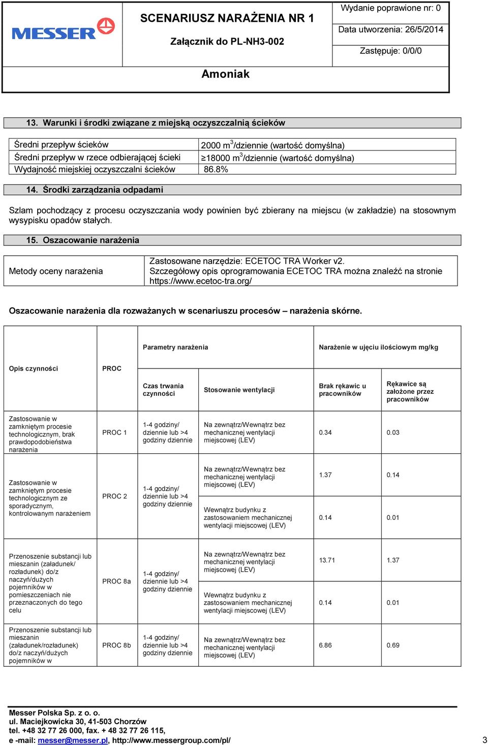 18000 m 3 / (wartość domyślna) 86.8% 14. Środki zarządzania odpadami Szlam pochodzący z procesu oczyszczania wody powinien być zbierany na miejscu (w zakładzie) na stosownym wysypisku opadów stałych.