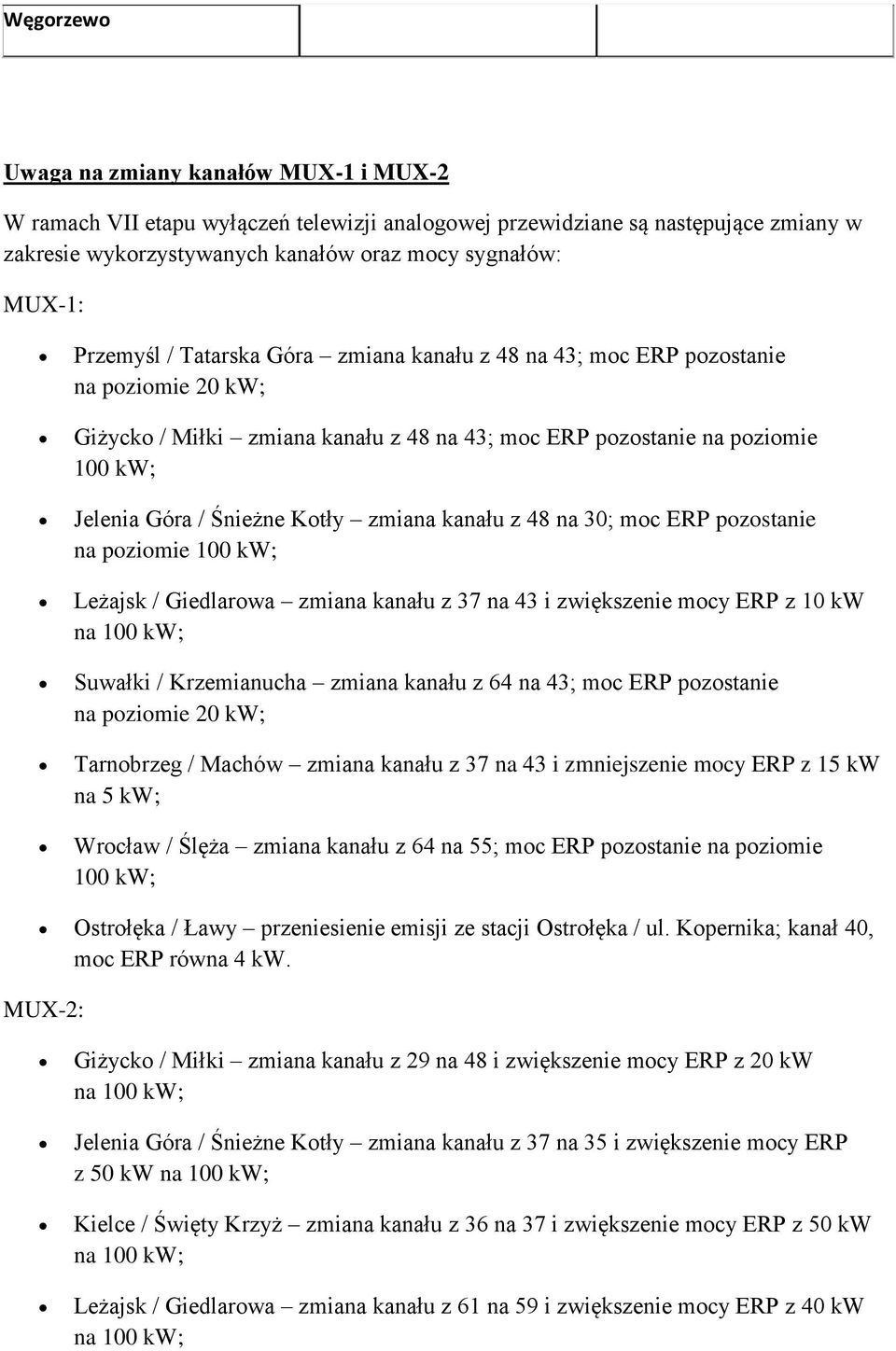 zmiana kanału z 48 na 30; moc ERP pozostanie na poziomie 100 kw; Leżajsk / Giedlarowa zmiana kanału z 37 na 43 i zwiększenie mocy ERP z 10 kw na 100 kw; Suwałki / Krzemianucha zmiana kanału z 64 na