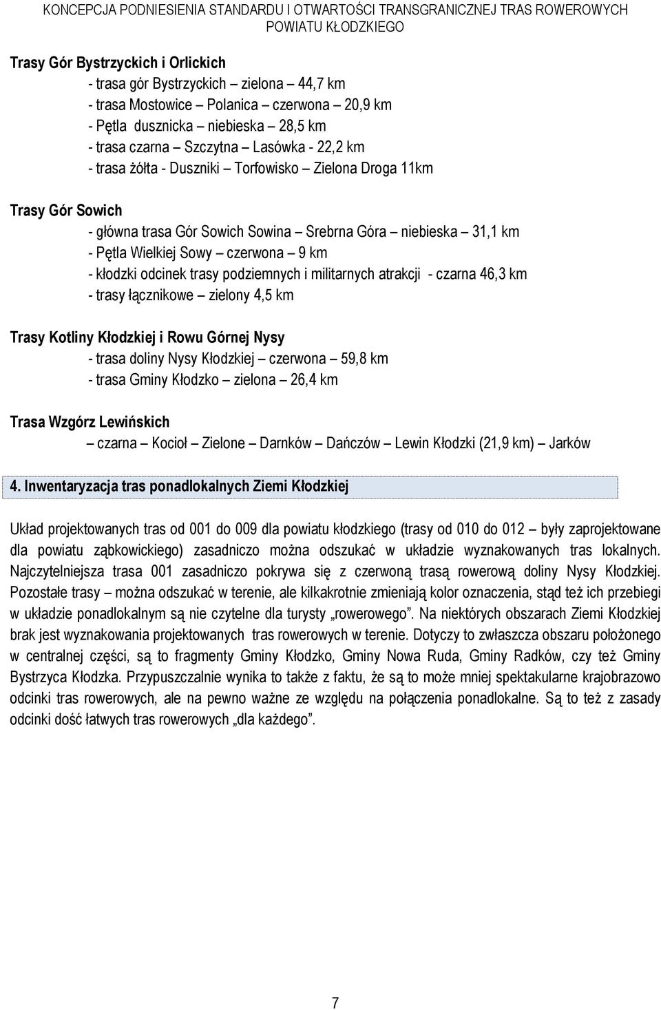 podziemnych i militarnych atrakcji - czarna 46,3 km - trasy łącznikowe zielony 4,5 km Trasy Kotliny Kłodzkiej i Rowu Górnej Nysy - trasa doliny Nysy Kłodzkiej czerwona 59,8 km - trasa Gminy Kłodzko