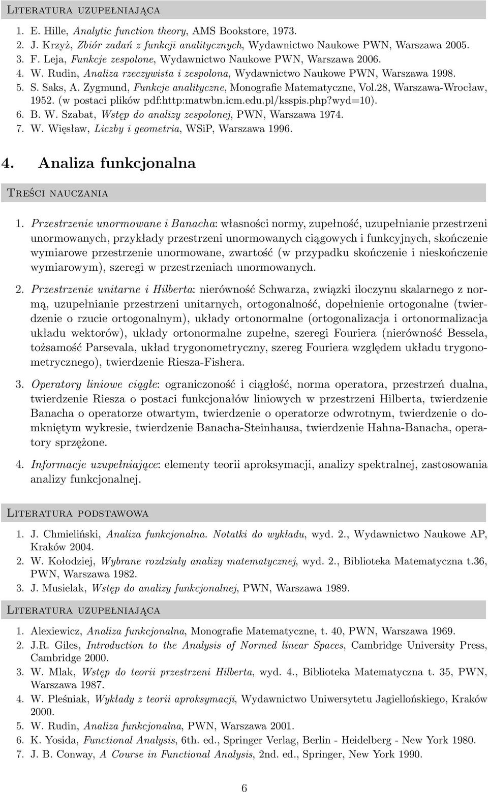 Zygmund, Funkcje analityczne, Monografie Matematyczne, Vol.28, Warszawa-Wrocław, 1952. (w postaci plików pdf:http:matwbn.icm.edu.pl/ksspis.php?wyd=10). 6. B. W. Szabat, Wstęp do analizy zespolonej, PWN, Warszawa 1974.