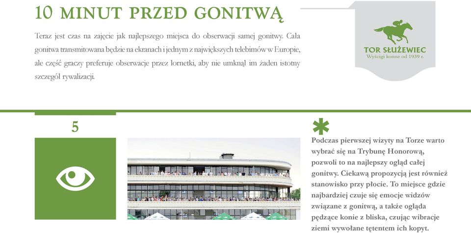 im żaden istotny szczegół rywalizacji. 5 * Podczas pierwszej wizyty na Torze warto wybrać się na Trybunę Honorową, pozwoli to na najlepszy ogląd całej gonitwy.