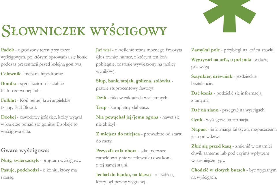 Dżokeje to wyścigowa elita. Gwara wyścigowa: Nuty, świerszczyk - program wyścigowy. Pasuje, podchodzi - o koniu, który ma szansę.