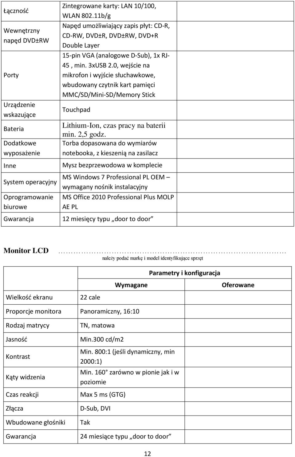 0, wejście na mikrofon i wyjście słuchawkowe, wbudowany czytnik kart pamięci MMC/SD/Mini-SD/Memory Stick Touchpad Lithium-Ion, czas pracy na baterii min. 2,5 godz.