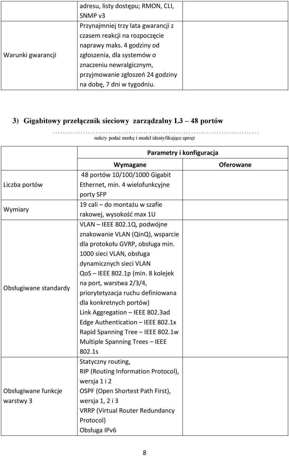 Liczba portów Wymiary Obsługiwane standardy Obsługiwane funkcje warstwy 3 48 portów 10/100/1000 Gigabit Ethernet, min.