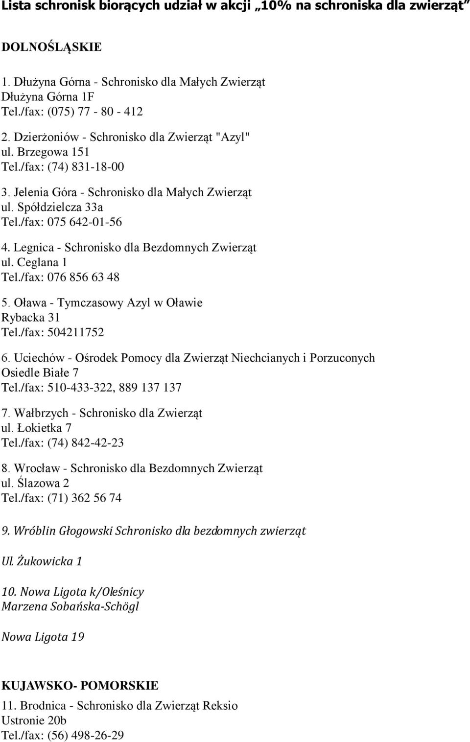 Legnica - Schronisko dla Bezdomnych Zwierząt ul. Ceglana 1 Tel./fax: 076 856 63 48 5. Oława - Tymczasowy Azyl w Oławie Rybacka 31 Tel./fax: 504211752 6.