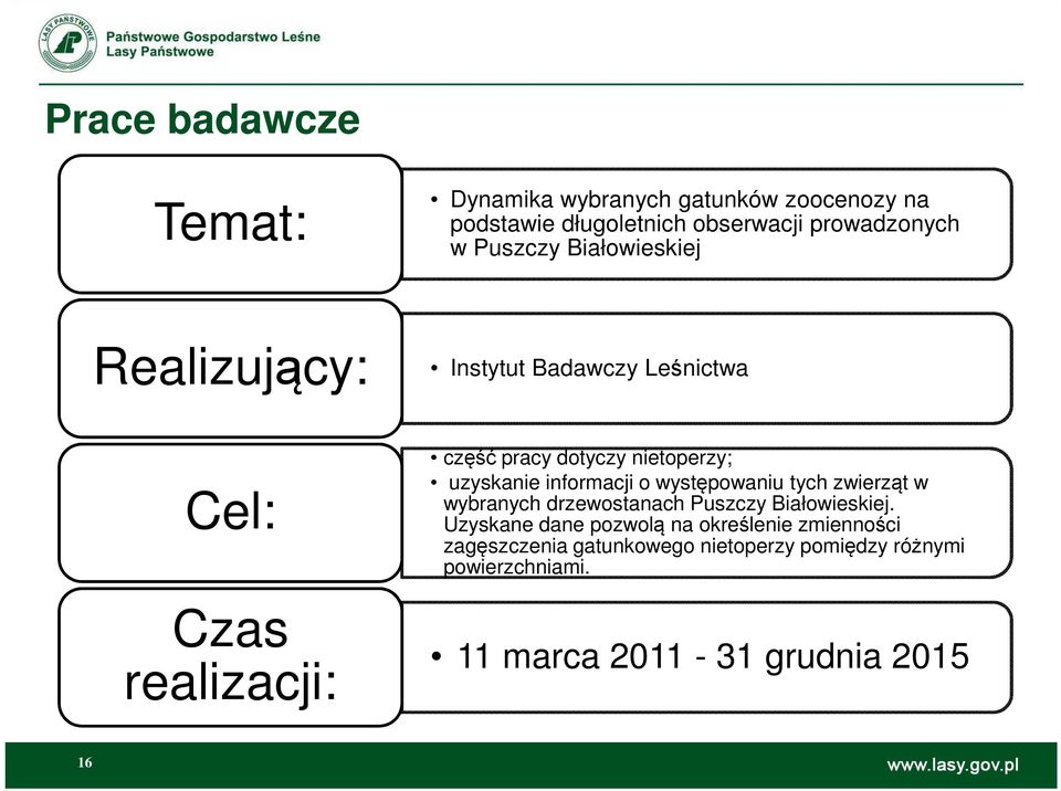 uzyskanie informacji o występowaniu tych zwierząt w wybranych drzewostanach Puszczy Białowieskiej.