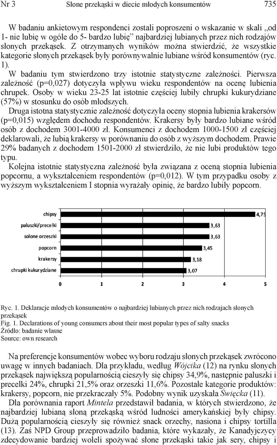 W badaniu tym stwierdzono trzy istotnie statystyczne zależności. Pierwsza zależność (p=0,027) dotyczyła wpływu wieku respondentów na ocenę lubienia chrupek.