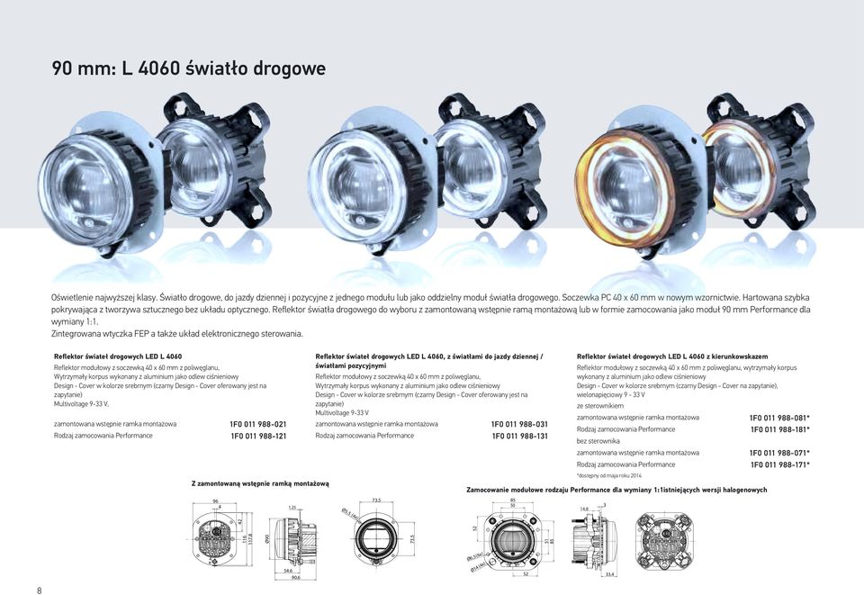Reflektor światła drogowego do wyboru z zamontowaną wstępnie ramą montażową lub w formie zamocowania jako moduł 90 mm Performance dla wymiany 1:1.