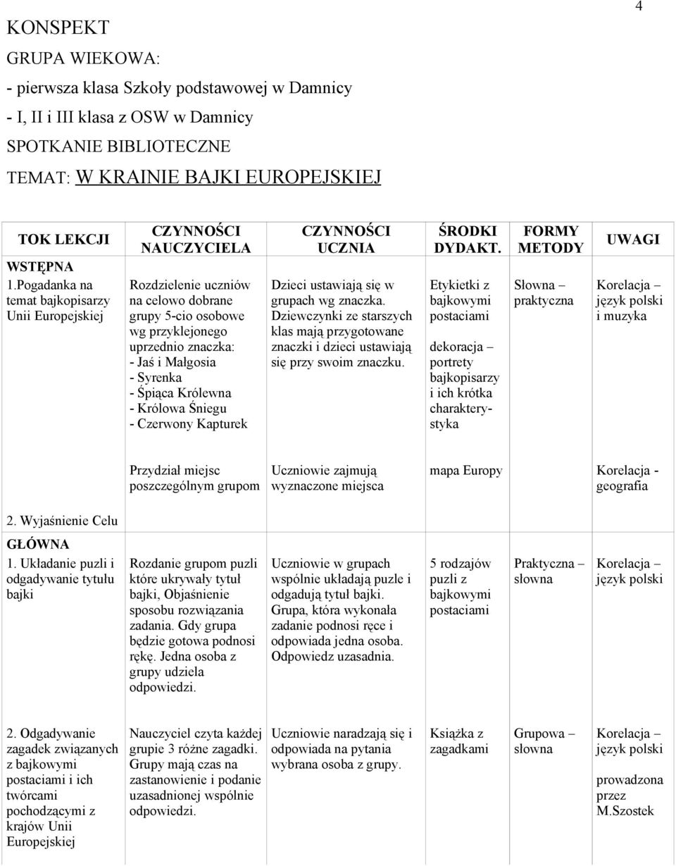 Śpiąca Królewna - Królowa Śniegu - Czerwony Kapturek CZYNNOŚCI UCZNIA Dzieci ustawiają się w grupach wg znaczka.