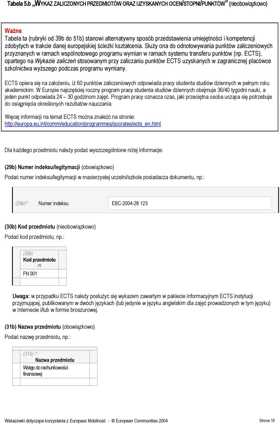 zdobytych w trakcie danej europejskiej ścieżki kształcenia. Służy ona do odnotowywania punktów zaliczeniowych przyznanych w ramach wspólnotowego programu wymian w ramach systemu transferu punktów (np.