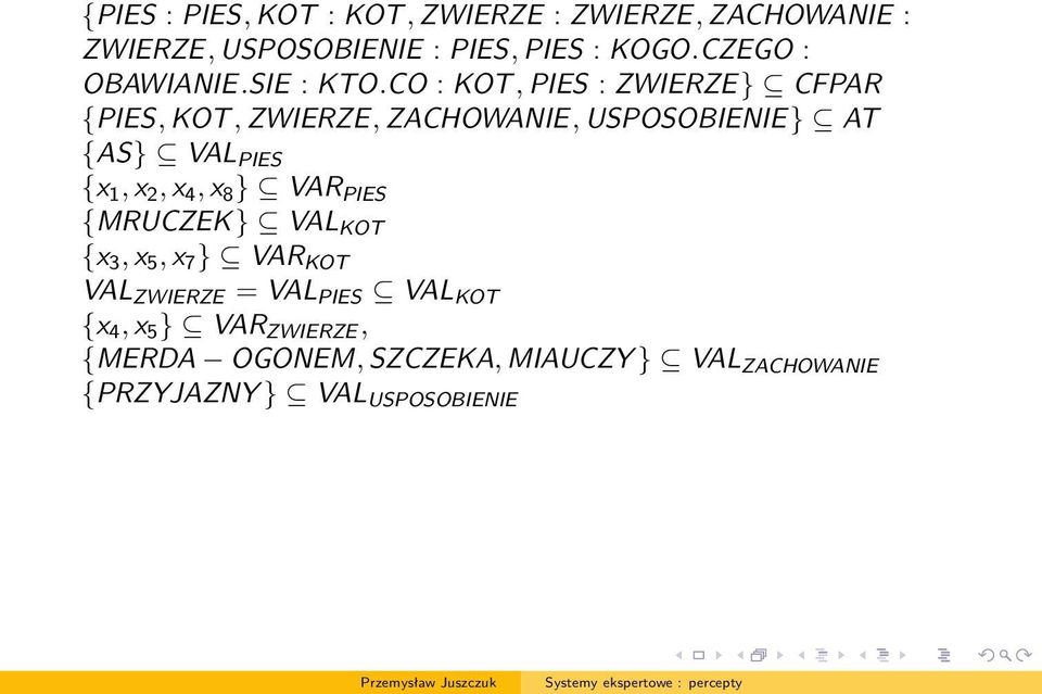 CO : KOT, PIES : ZWIERZE} CFPAR {PIES, KOT, ZWIERZE, ZACHOWANIE, USPOSOBIENIE} AT {AS} VAL PIES {x 1, x 2,