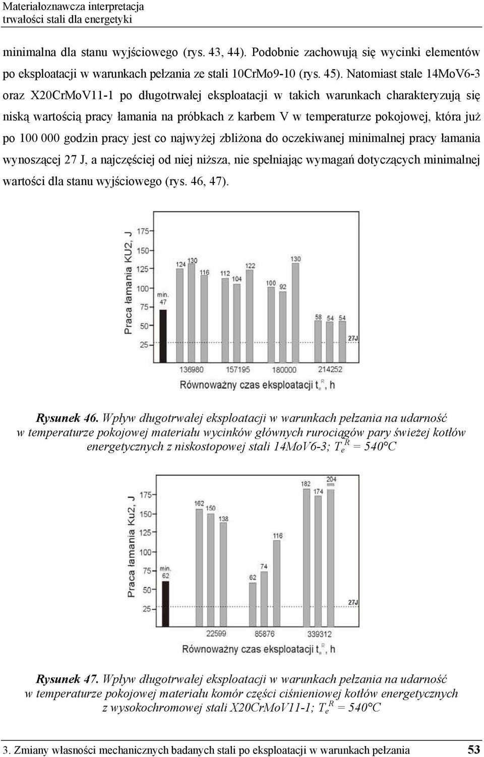 Natomiast stale 14MoV6-3 oraz X20CrMoV11-1 po długotrwałej eksploatacji w takich warunkach charakteryzuj si nisk warto ci pracy łamania na próbkach z karbem V w temperaturze pokojowej, która ju po