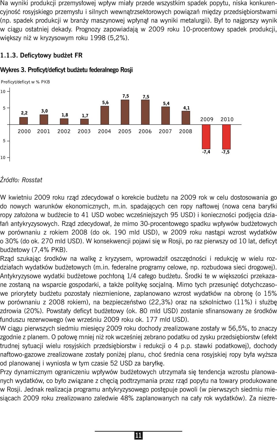 Prognozy zapowiadają w 2009 roku 10-procentowy spadek produkcji, większy niż w kryzysowym roku 1998 (5,2%). 1.1.3. Deficytowy budżet FR Wykres 3.