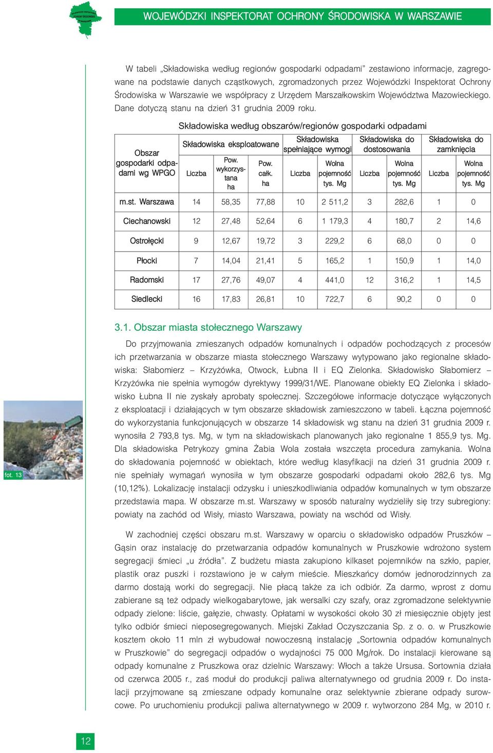 Obszar gospodarki odpadami wg WPGO Składowiska według obszarów/regionów gospodarki odpadami Składowiska eksploatowane Liczba Pow. wykorzystana ha Pow. całk.