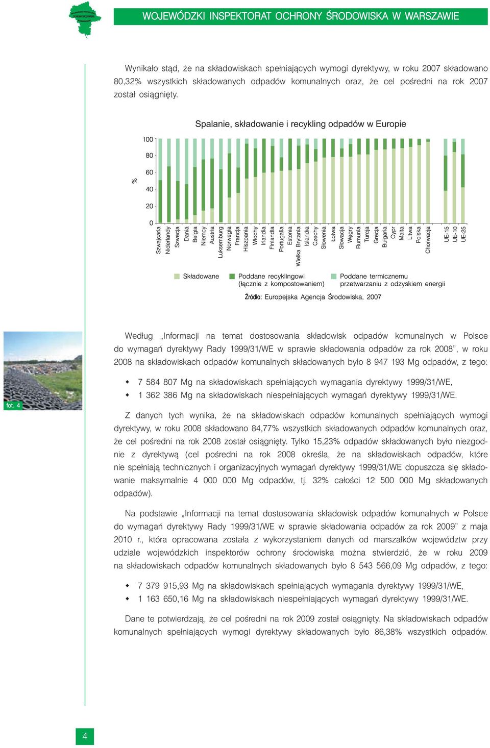 za rok 2008, w roku 2008 na składowiskach odpadów komunalnych składowanych było 8 947 193 Mg odpadów, z tego: fot.