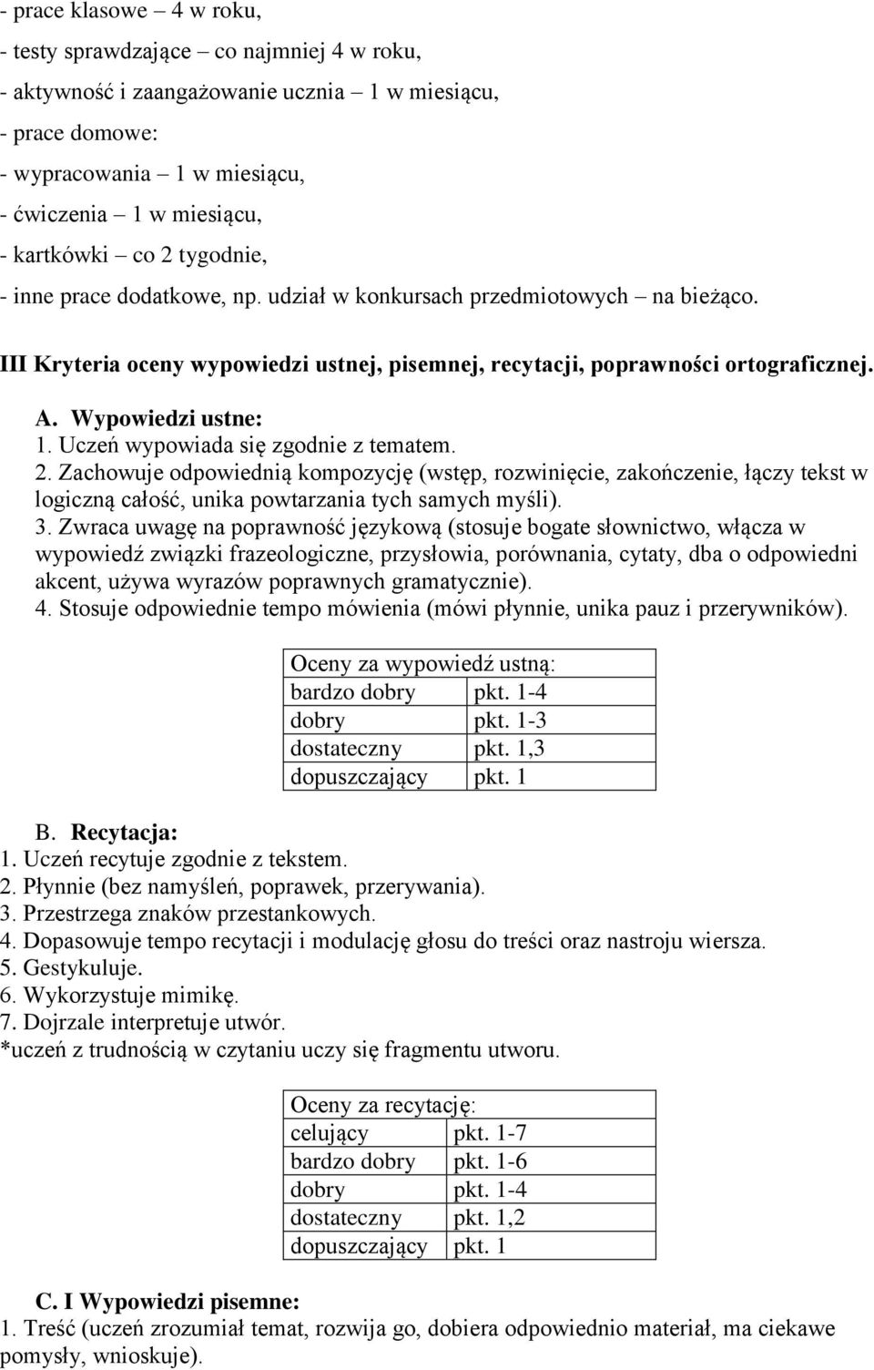 Wypowiedzi ustne: 1. Uczeń wypowiada się zgodnie z tematem. 2. Zachowuje odpowiednią kompozycję (wstęp, rozwinięcie, zakończenie, łączy tekst w logiczną całość, unika powtarzania tych samych myśli).