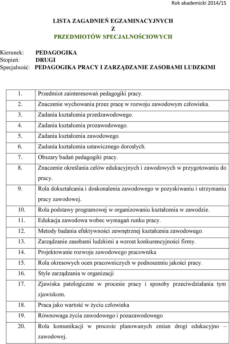 adania kształcenia ustawicznego dorosłych. 7. Obszary badań pedagogiki pracy. 8. naczenie określania celów edukacyjnych i zawodowych w przygotowaniu do pracy. 9.