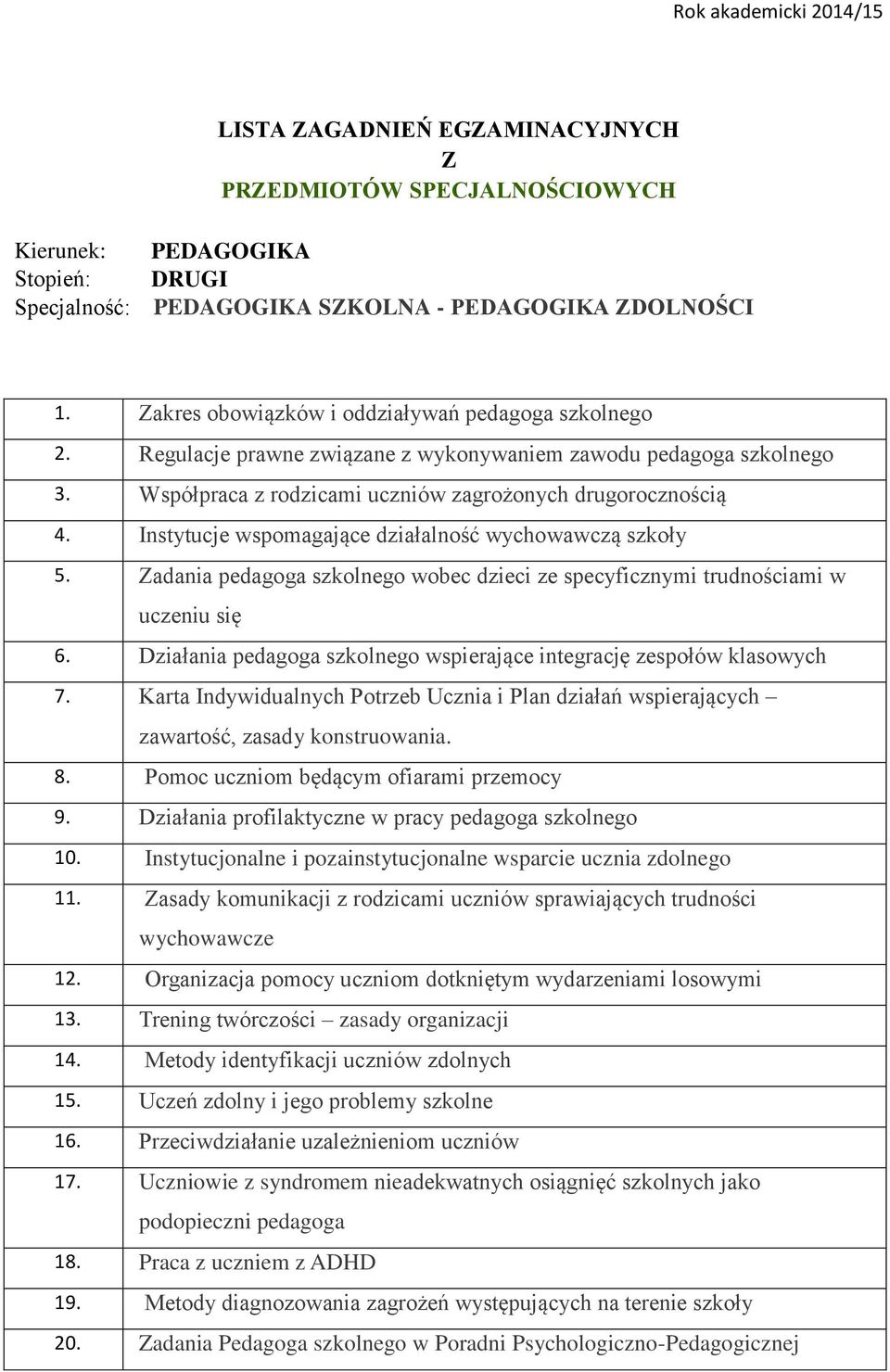 adania pedagoga szkolnego wobec dzieci ze specyficznymi trudnościami w uczeniu się 6. Działania pedagoga szkolnego wspierające integrację zespołów klasowych 7.