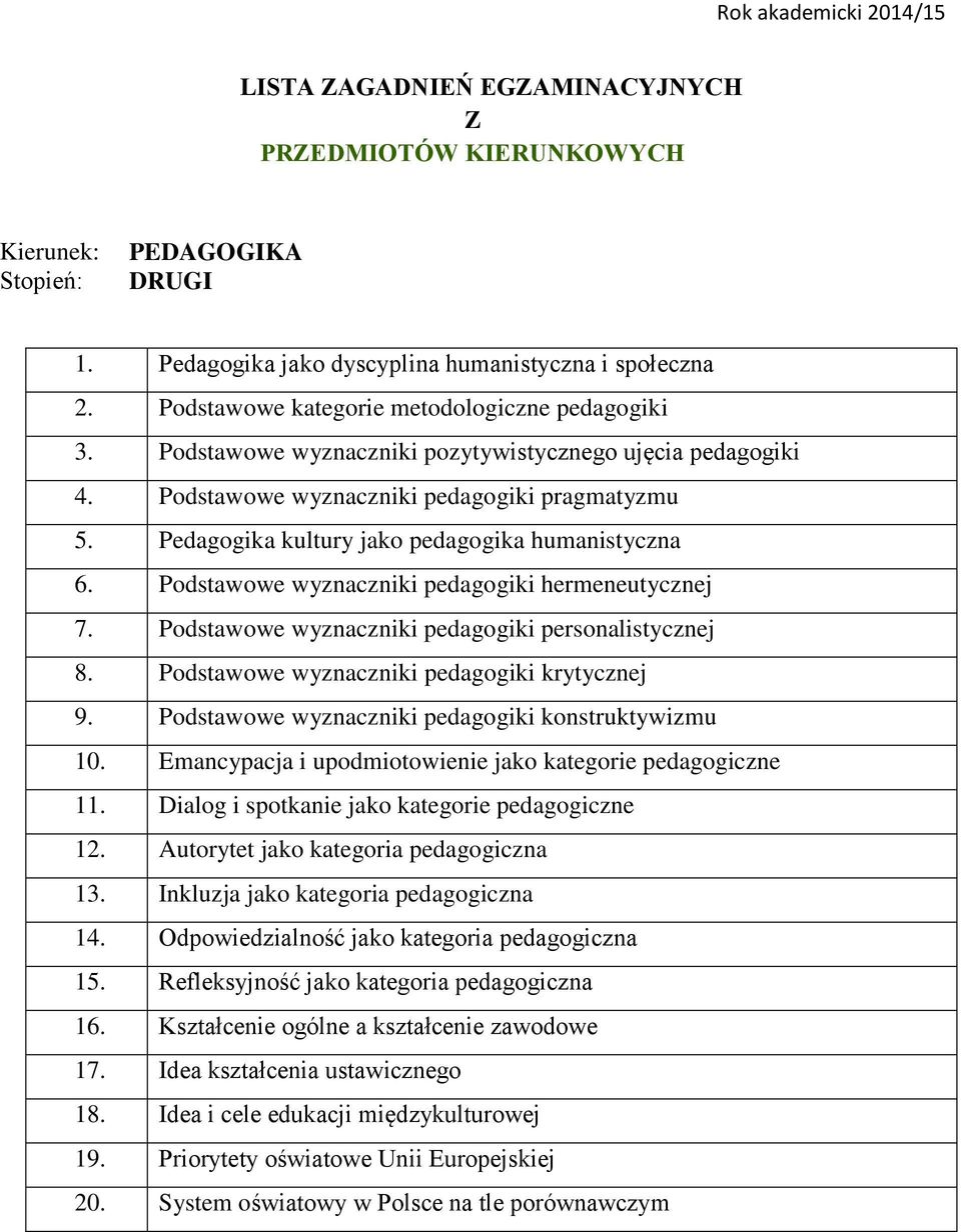 Podstawowe wyznaczniki pedagogiki hermeneutycznej 7. Podstawowe wyznaczniki pedagogiki personalistycznej 8. Podstawowe wyznaczniki pedagogiki krytycznej 9.