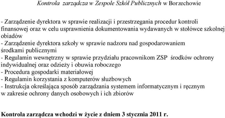 środków ochrony indywidualnej oraz odzieży i obuwia roboczego - Procedura gospodarki materiałowej - Regulamin korzystania z komputerów służbowych - Instrukcja