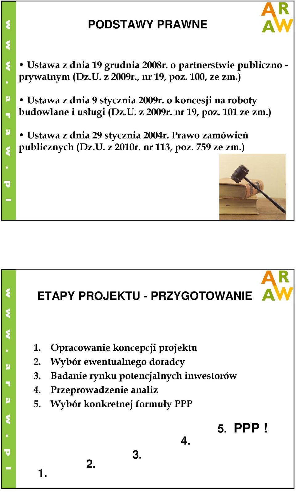 ) Ustawa z dnia 29 stycznia 2004r. Prawo zamówień publicznych (Dz.U. z 2010r. nr 113, poz. 759 ze zm.) ETAPY PROJEKTU - PRZYGOTOWANIE 1.